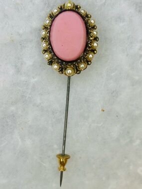 Vintage Pink Cabochan & Faux Pearl Stick Pin/Hat Pin (1955-68)